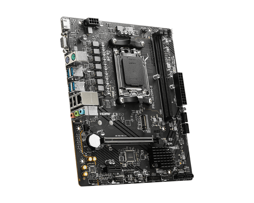 MSI MSI PRO A620M-E AM5 mATX Motherboard, AMD A620 Chipset, 2x DDR5 / 96GB Max Memory, 1x PCI-E x16, 1x M.2, RTL8111H Gigabit LAN, 2x USB 3.2 Type-A, 1x HDMI / 1x VGA | 911-7E28-001 - product view 3 of 5