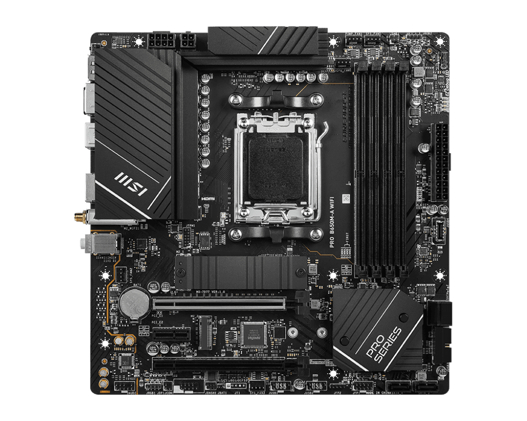 MSI MSI PRO B650M-A WIFI AM5 Micro-ATX Motherboard, AMD B650 Chipset, 4 x 2-Channel DDR5 Slots, 128GB Max Memory, Wi-Fi 6E, 2x PCI-E x16, 2x M.2, 1x HDMI, 1x DP, USB 23.2/2.0 | 911-7D77-001 - product view 2 of 5