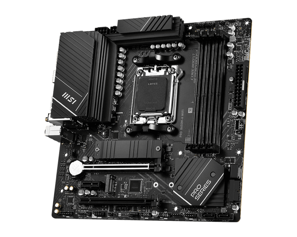 MSI MSI PRO B650M-A WIFI AM5 Micro-ATX Motherboard, AMD B650 Chipset, 4 x 2-Channel DDR5 Slots, 128GB Max Memory, Wi-Fi 6E, 2x PCI-E x16, 2x M.2, 1x HDMI, 1x DP, USB 23.2/2.0 | 911-7D77-001 - product view 3 of 5