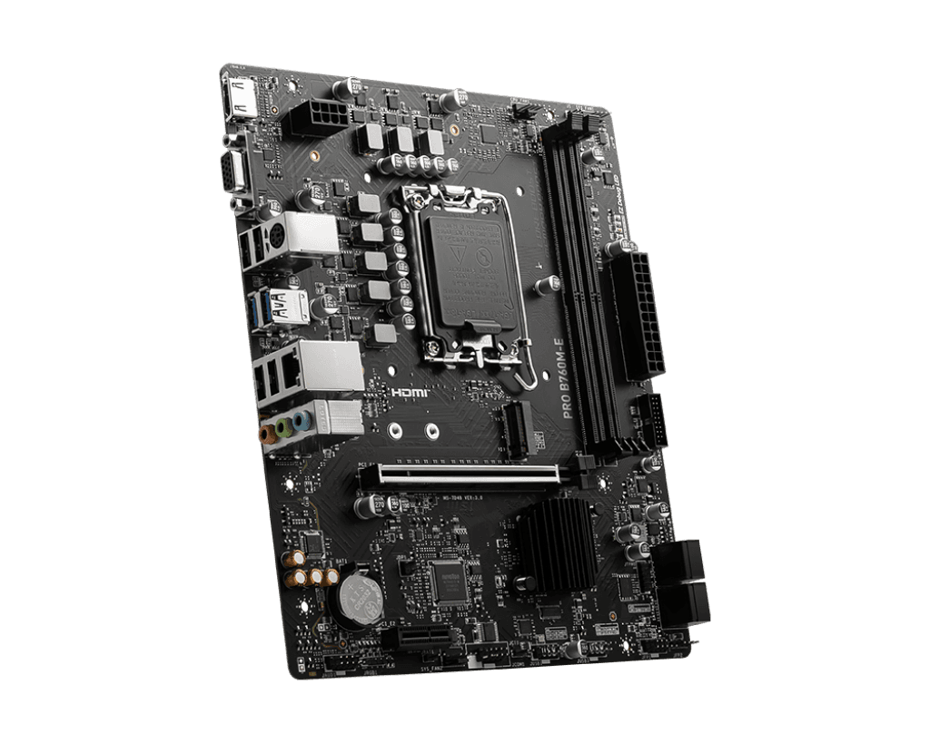 MSI MSI PRO B760M-E Intel LGA 1700 mATX Motherboard, INTEL B760 Chipset, 2x DDR5, 1x HDMI, 1x VGA, PCI-E, 1x M.2, 4x SATA 6G, Realtek RTL8111H Gigabit LAN, Realtek ALC897 Codec, 4x EZ Debug LED, Lightening Gen4 | 911-7D48-039 - product view 2 of 5