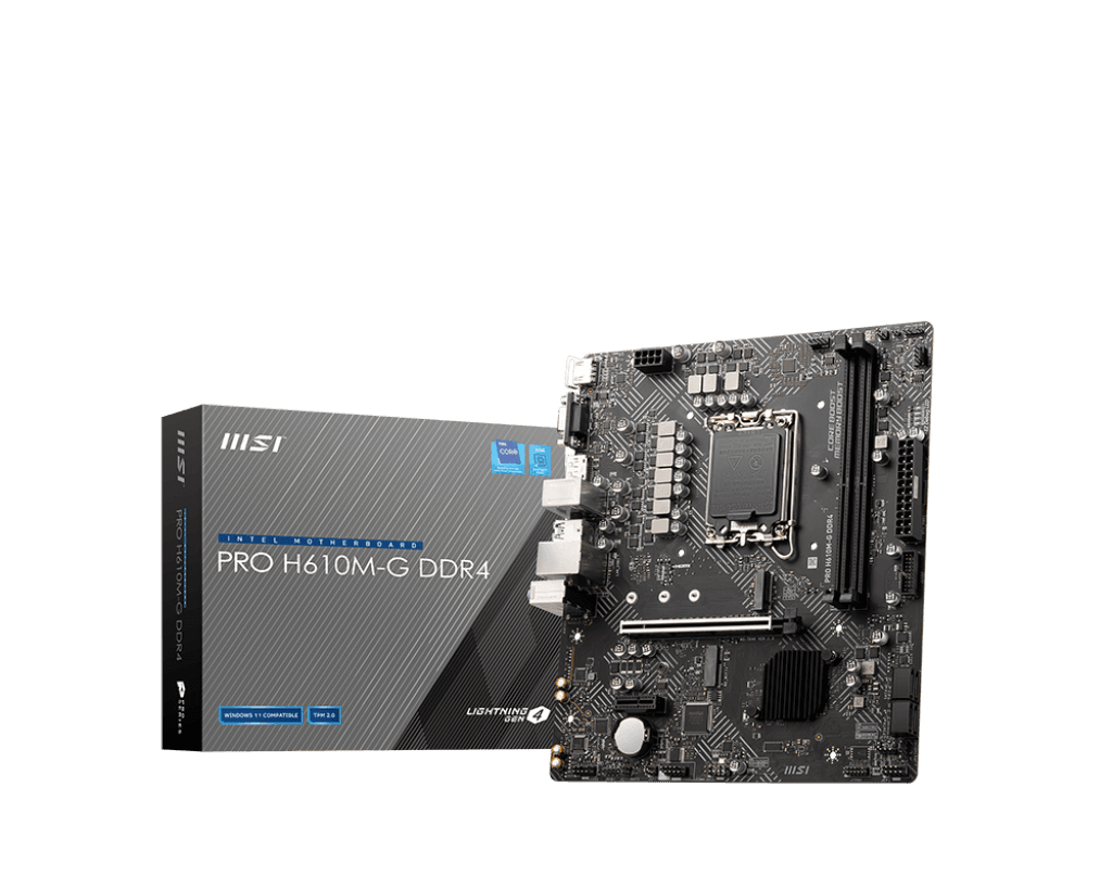 MSI MSI Pro H610M-G DDR4 Micro-ATX Motherboard, Socket LGA 1700, H610 Chipset, 1x Intel I219V Gigabit LAN Controller, 2 DIMM Slots, M.2 Slot, PCI-E X16, SATA III, HDMI, VGA, DP | 7D46-003 - product view 1 of 5