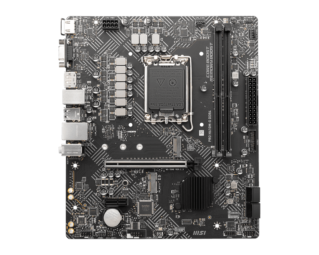 MSI MSI Pro H610M-G DDR4 Micro-ATX Motherboard, Socket LGA 1700, H610 Chipset, 1x Intel I219V Gigabit LAN Controller, 2 DIMM Slots, M.2 Slot, PCI-E X16, SATA III, HDMI, VGA, DP | 7D46-003 - product view 3 of 5