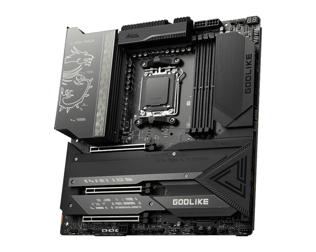 MSI MSI MEG X670E GODLIKE AM5 E-ATX Motherboard, AMD X670 Chipset, 4 x DDR5 128GB Max Memory, I225V 2.5Gbps LAN, AMD Wi-Fi 6E, Bluetooth 5.2, 3x PCIe 5.0 x16, 4x M.2 Slot, USB 3.2/2.0 | 911-7D68-001 - product view 1 of 5