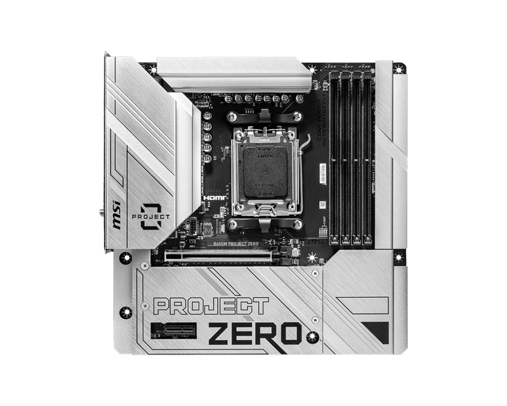 MSI B650M PROJECT ZERO AMD B650 ATX Motherboard, DDR5, up to 7600+(OC) MHz, Extended Heatsink Design, 2.5G LAN and AMD Wi-Fi 6E, M.2 Shield Frozr, Lightning M.2 | 911-7E09-003