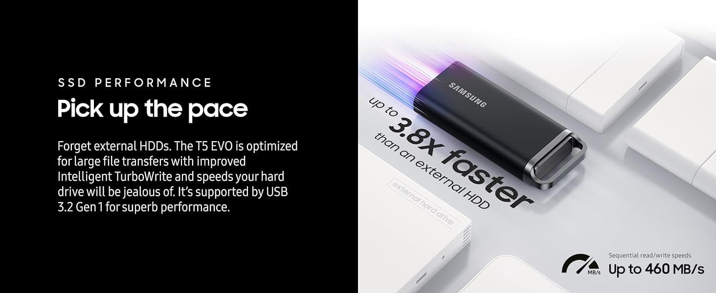 SAMSUNG Samsung T5 EVO 8TB USB 3.2 Gen 1 Portable External SSD, Up to 460 MB/s Data Transfer Rate, Rubber Skin Design, AES 256-Bit Hardware Encryption, Integrated Hook - Black | MU-PH8T0S/WW - product view 1 of 9