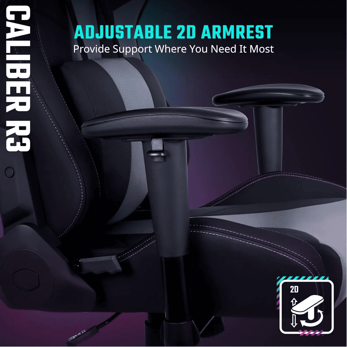 Cooler Master Cooler Master Caliber R3 Gaming Chair, Adjustable Lumbar Support, 2D Armrests, Reinforced Steel Frame, Memory Foam, Breathable PU, Black | CMI-GCR3-BK - product view 3 of 6