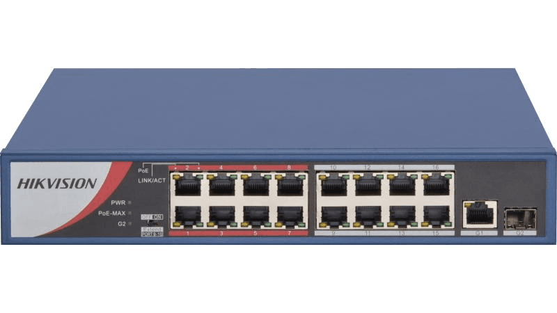 Hikvision DS-3E0318P-E/M(B) 16 Port Fast Ethernet Unmanaged POE Switch,  16 ?? 10/100 Mbps PoE ports, 1 ?? gigabit RJ45 port, and 1 ?? gigabit fiber optical port, Up to 300 m Long Range PoE Transmission, 4/8-Core Adaptive Power Supply – Buy Online