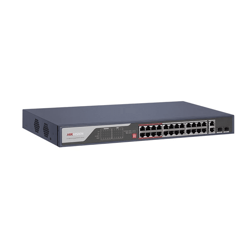 Hikvision DS-3E0326P-E(C) 100 Mbps Long Range PoE Switch, 24 ?? 10/100 Mbps PoE port,2 ?? Gigabit combo, Up to 300 m, Port isolation to improve network security, 6 kV surge protection,  PoE watchdog function – Buy Online