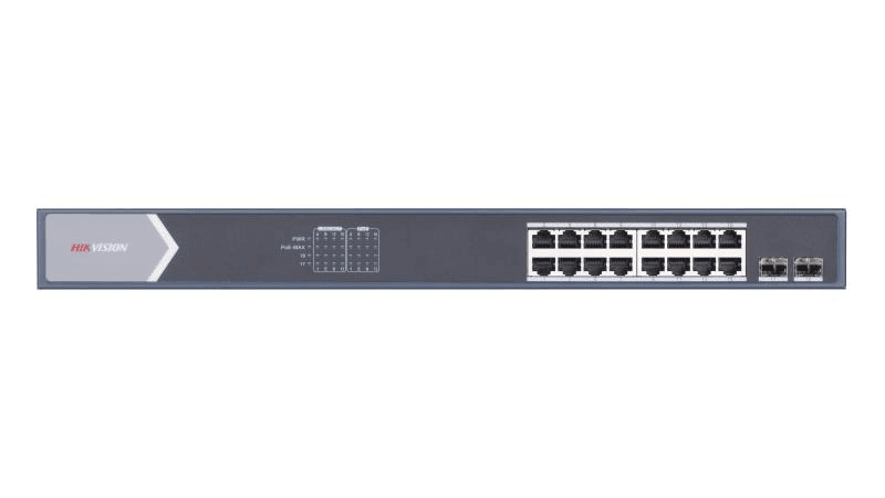 HIKVISION Hikvision DS-3E0518P-E/M 16 Port Gigabit Unmanaged PoE Switch, 16x Gigabit PoE port, 2x Gigabit SFP fiber optical port, IEEE 802.3at/af standard, IEEE 802.3, IEEE 802.3u, and IEEE 802.3x standard, 6 kV surge protection for PoE ports, PoE power management - product view 2 of 5