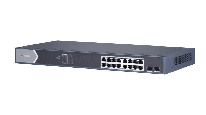 HIKVISION Hikvision DS-3E0518P-E/M 16 Port Gigabit Unmanaged PoE Switch, 16x Gigabit PoE port, 2x Gigabit SFP fiber optical port, IEEE 802.3at/af standard, IEEE 802.3, IEEE 802.3u, and IEEE 802.3x standard, 6 kV surge protection for PoE ports, PoE power management - product view 3 of 5