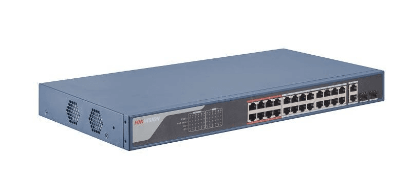 HIkvision DS-3E1326P-EI 24 Port Fast Ethernet Smart PoE Switch, 24 ?? 100 Mbps PoE RJ45 ports, 2 ?? gigabit combos, Network topology management, alarm push, network health monitor, 6 kV surge protection for PoE ports, AF/AT camera can reach up to 300 m – Buy Online