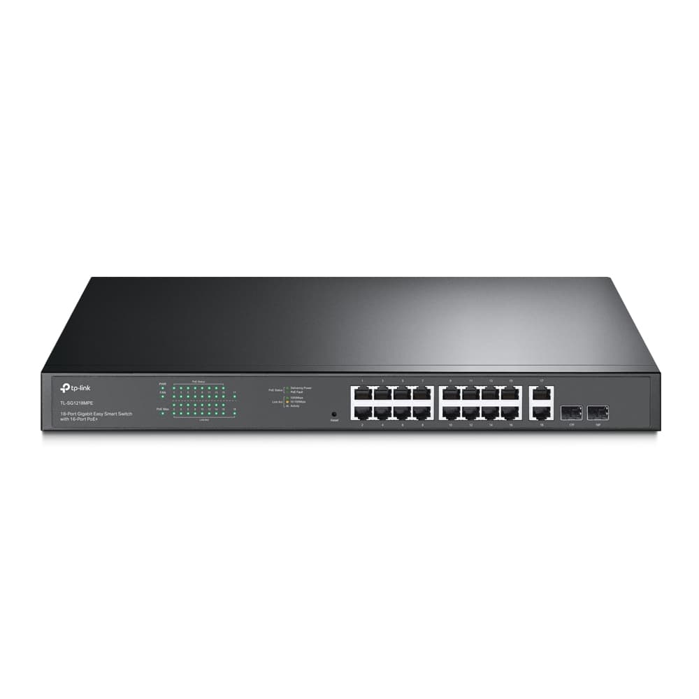 tp-link tp-link 18-Port Gigabit Easy Smart Switch with 16-Port PoE+, 18 10/100/1000Mbps RJ45 Ports, 2 Gigabit Combo SFP Slots, 100???240V AC, 50/60 Hz, 2 Fans, Rack Mountable | TL-SG1218MPE  V5.0 - product view 2 of 4