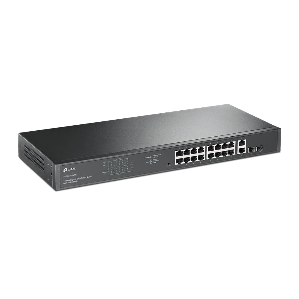 tp-link tp-link 18-Port Gigabit Easy Smart Switch with 16-Port PoE+, 18 10/100/1000Mbps RJ45 Ports, 2 Gigabit Combo SFP Slots, 100???240V AC, 50/60 Hz, 2 Fans, Rack Mountable | TL-SG1218MPE  V5.0 - product view 3 of 4