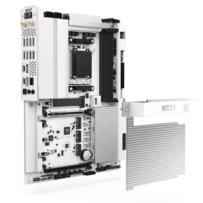 NZXT NZXT N9 X870E Gaming Wi-Fi 7 White ATX Motherboard, AMD AM5 Socket, Ryzen 9000 Ready, DDR5 8000+ MT/s, PCIe 5.0, Dual USB4 (40Gbps), 5GbE LAN, Full Metal Shroud | N9-X87XT-W1 - product view 3 of 5