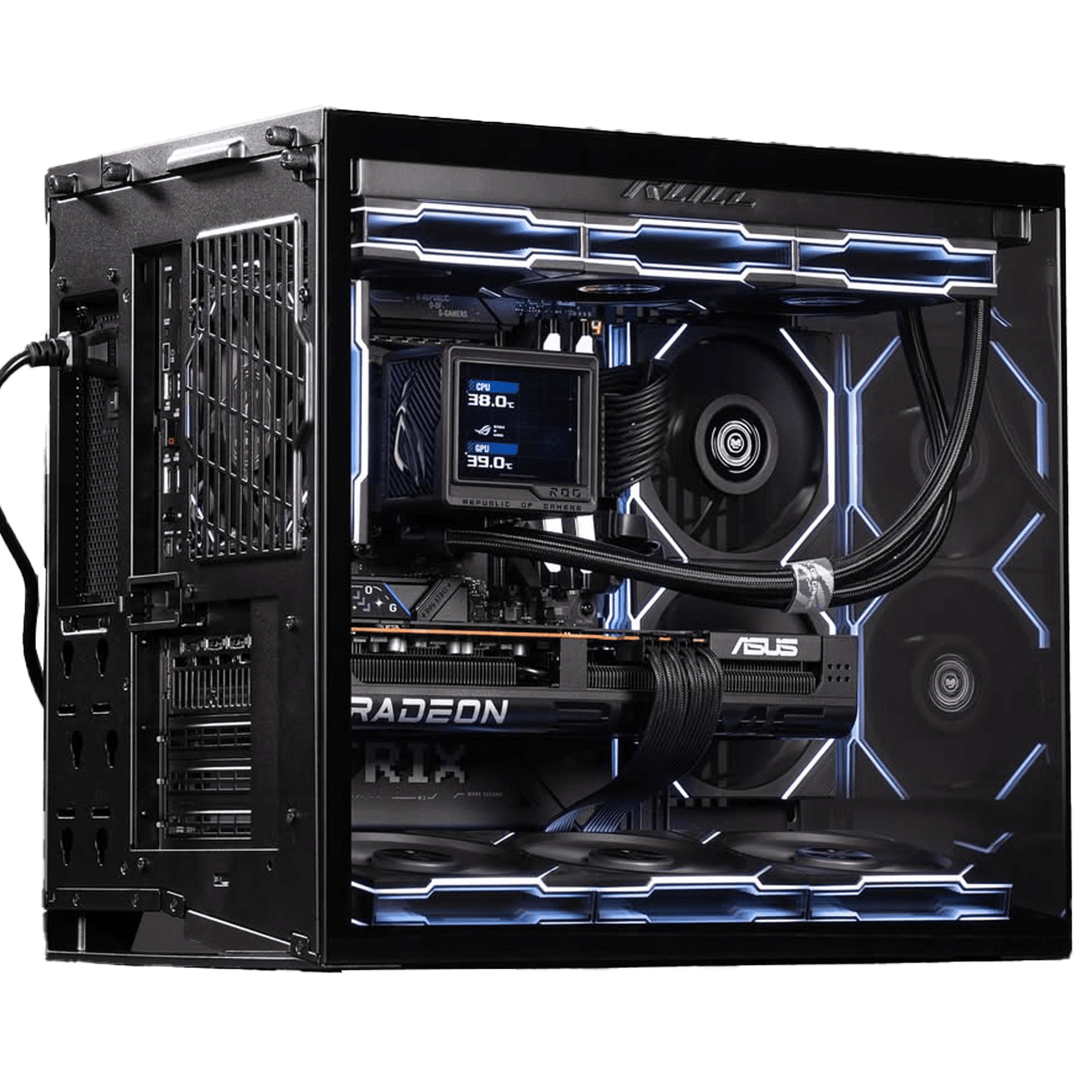 Mini Gaming PC, AMD Ryzen 7 7800X3D – 8 Cores, 16 Threads, 5.0GHz, RTX 5070 OC Edition 12GB GDDR7, 64GB (2x32GB) DDR5 6400MHz,  990 PRO 2TB NVMe, 850W ATX 3.1, RYUJIN III 360 ARGB EXTREME AIO,  O11 DYNAMIC MINI V2 FLOW,  Wireless LCD 120 Reverse Blade Fans - product view 3 of 3