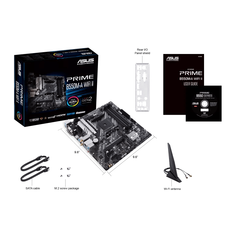 Asus ASUS PRIME B550M-A WIFI II AMD B550 (Ryzen AM4) micro ATX motherboard with dual M.2, PCIe 4.0, Wi-Fi 6, 1 Gb Ethernet, HDMI, DVI-D, D-Sub, SATA 6 Gbps, USB 3.2 Gen 2 Type-A, and Aura Sync RGB lighting support | 90MB19X0-M0EAY0 - product view 1 of 7