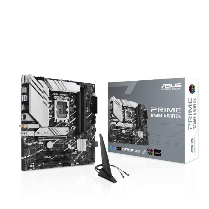 ASUS PRIME B760M-A WIFI D4 Motherboard, Intel B760 (LGA 1700) mATX motherboard, PCIe 4.0, 4 x DIMM, 2x M.2 slots, Realtek 2.5Gb Ethernet, Wi-Fi 6, DisplayPort, Dual HDMI, SATA 6 Gbps, USB 3.2 Gen 2, Type-C, Aura Sync | 90MB1CX0-M0EAY0 – Buy Online