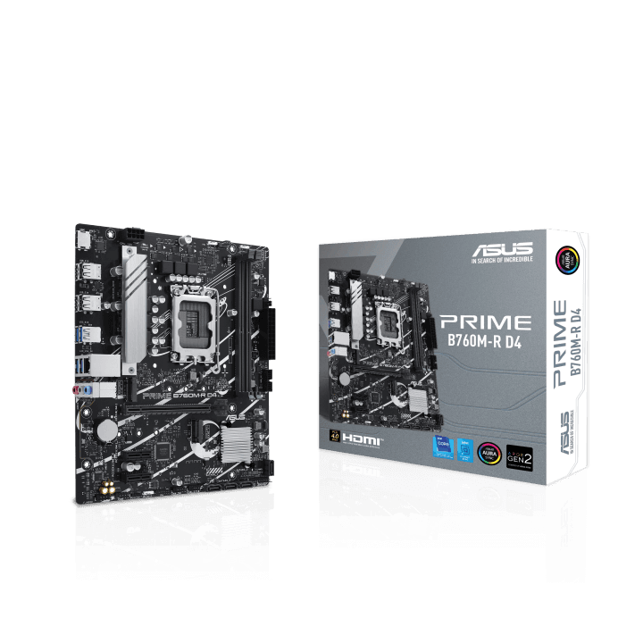 ASUS PRIME B760M-R DDR4 Intel B760 LGA 1700 micro-ATX Motherboard, PCIe 4.0, two PCIe 4.0 M.2 slots, DDR4, Realtek 2.5Gb Ethernet, HDMI, SATA 6 Gbps, front USB 5Gbps ports, Aura Sync | 90MB1HA0-M0EAY0 – Buy Online
