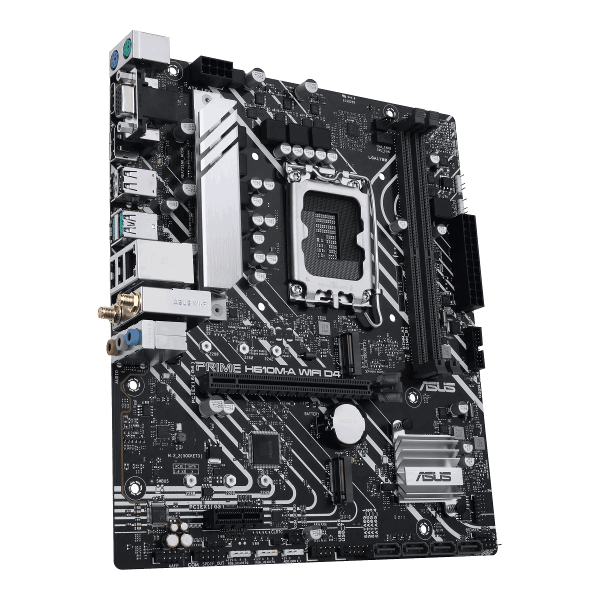 Asus ASUS PRIME H610M-A WIFI D4 Intel H610 (LGA 1700) mic-ATX motherboard with DDR4, PCIe 4.0, dual M.2 slots, Intel 1 Gb Ethernet, WIFI 5, DisplayPort, HDMI, D-Sub, USB 3.2 Gen 2 ports, SATA 6 Gbps, Addressable Gen 2 headers, and Arua Sync | 90MB1C80-M0EAY0 - product view 2 of 6
