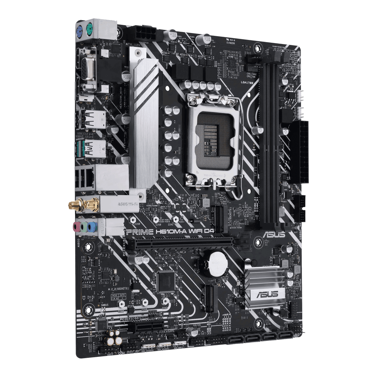 Asus ASUS PRIME H610M-A WIFI D4 Intel H610 (LGA 1700) mic-ATX motherboard with DDR4, PCIe 4.0, dual M.2 slots, Intel 1 Gb Ethernet, WIFI 5, DisplayPort, HDMI, D-Sub, USB 3.2 Gen 2 ports, SATA 6 Gbps, Addressable Gen 2 headers, and Arua Sync | 90MB1C80-M0EAY0 - product view 3 of 6