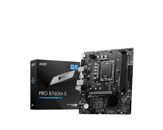 MSI PRO B760M-E Intel LGA 1700 mATX Motherboard, INTEL B760 Chipset, 2x DDR5, 1x HDMI, 1x VGA, PCI-E, 1x M.2, 4x SATA 6G, Realtek RTL8111H Gigabit LAN, Realtek ALC897 Codec, 4x EZ Debug LED, Lightening Gen4 | 911-7D48-039 – Buy Online
