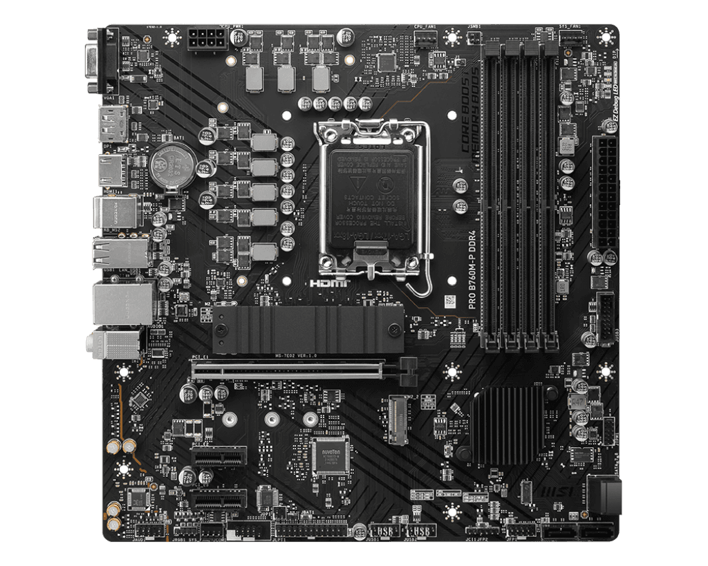 MSI PRO B760M-P DDR4 Intel LGA 1700 mATX Motherboard, INTEL B760 Chipset, 4x DDR4, 1x HDMI???, 1x DisplayPort, 1x VGA, 2x M.2, 4x SATA 6G, Realtek?? ALC897 Codec, Realtek?? RTL8111H Gigabit LAN, 4x EZ Debug LED | 911-7E02-006 – Buy Online