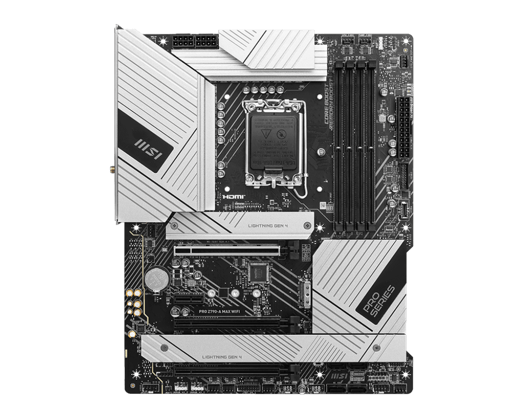 MSI PRO Z790-A MAX WIFI DDR5  Intel ATX Mother board, Digital PWM, PCI-E, 6x SATA 6G, 4x M.2, 1x HDMI, 1x DisplayPort, 2.5Gbps LAN, VRM Heatsink, Pre installed IO Shield | 911-7E07-018 – Buy Online