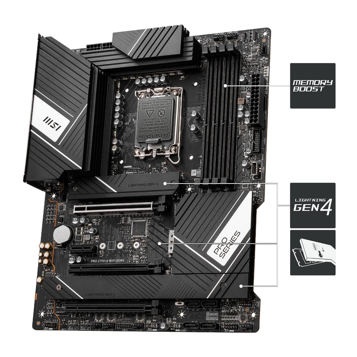 MSI MSI PRO Z790-A WIFI DDR4 Motherboard ATX - Supports Intel Core 12/13th Gen Processors, LGA 1700, DDR5 Boost (7200+MHz/OC), 1 x PCIe 5.0 x16, 1 x PCIe 4.0 x16, 4 x M.2 Gen4, 2.5Gbps LAN, Wi-Fi 6E, 911-7E07-001 - product view 3 of 6