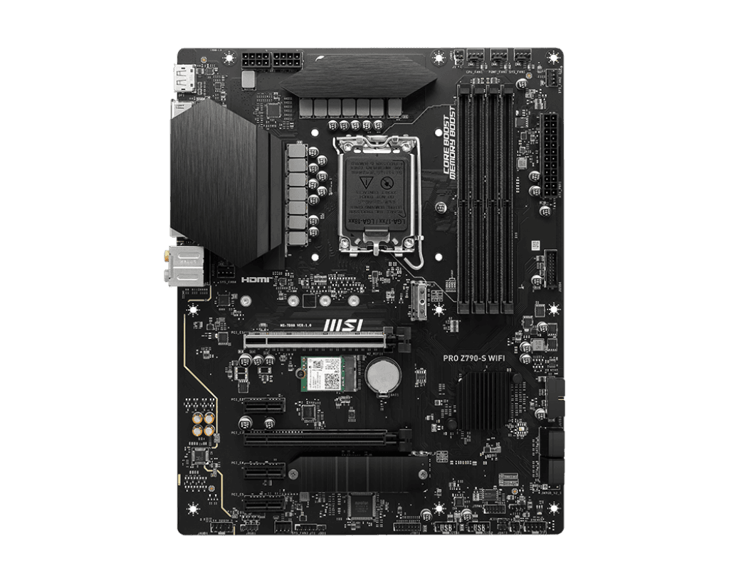 MSI MSI Pro Z790-S WIFI 6E LGA 1700 ATX Intel Motherboard, Intel Z790 Chipset, 4x DDR5 Slot, 192GB Max Memory, 2x M.2 Storage, 4x SATA 6G, 2x PCI-E x16 Slot, HDMI / DP | 911-7D88-001 - product view 2 of 5
