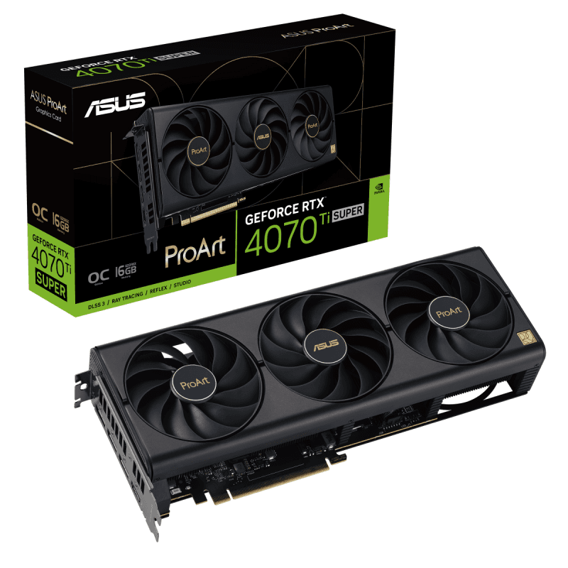 Asus ASUS PROART-RTX4070TIS-O16G NVIDIA GeForce RTX  Graphic Card, 16GB GDDR6X 21 Gbps 256-bit,  8448 CUDA Cores, Max Resolution 7680 x 4320, 1x HDMI,  3x DisplayPort | 90YV0KJ0-M0NA00 - product view 1 of 2
