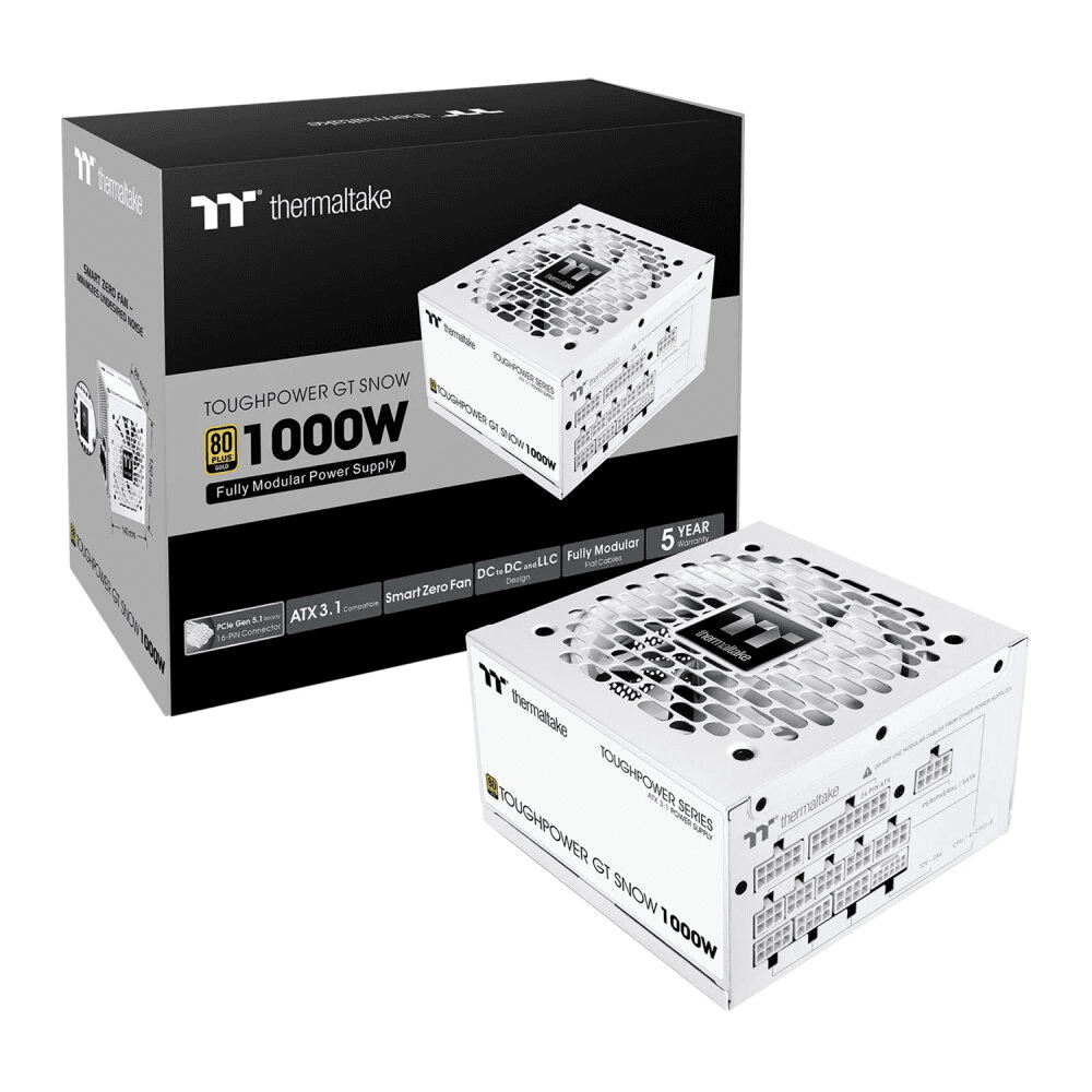 Thermaltake Toughpower GT Snow 1000W White Power Supply, ATX 3.1, 80+ Gold, Fully Modular, PCIe 5.1 Ready, 12V-2x6 Connector, White | PS-TPT-1000FNFAGK-W – Buy Online