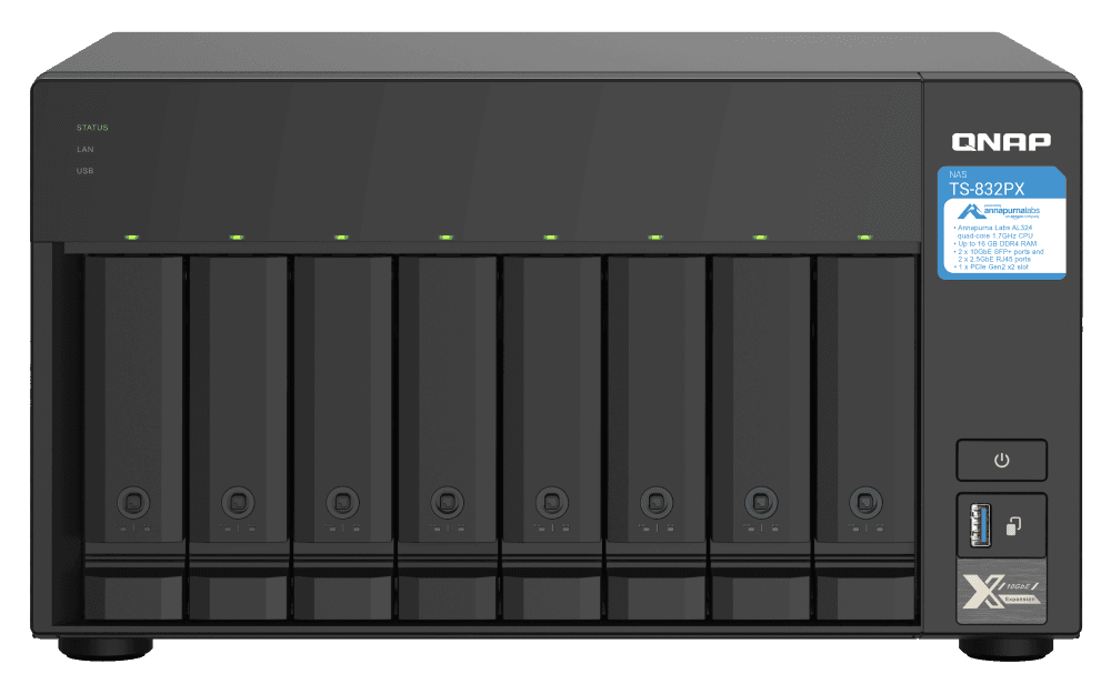 QNAP QNAP 8-Bay NAS, AL324 64-bit Quad-core 1.7GHz, 4GB DDR4 SODIMM RAM (1 x 4GB, Max 16GB), 8 x 3.5"/ 2.5" Drive Slots, 2 x 10GbE SFP+ LAN, 2 x 2.5GbE LAN, 3 x USB 3.2 Gen1 | TS-832PX-4G | TS-832PX-4G - product view 2 of 5