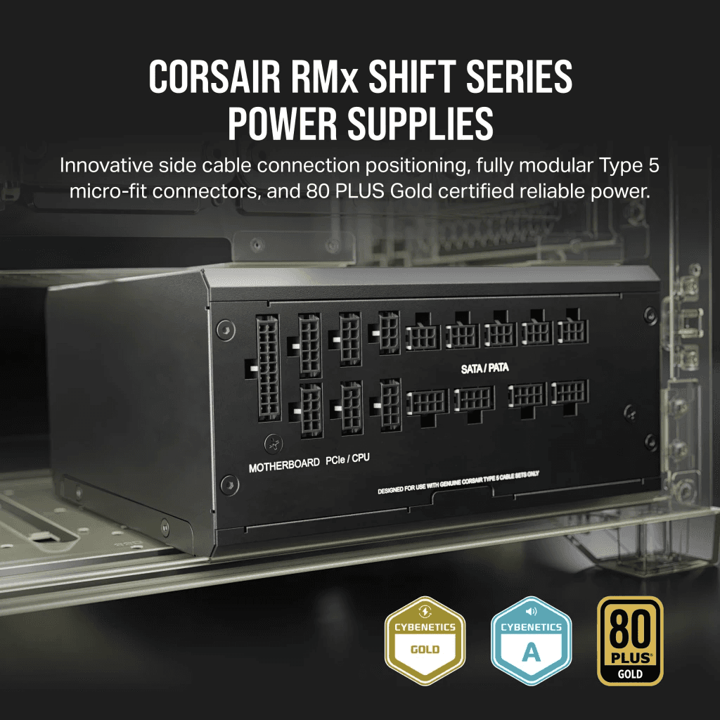 Corsair Corsair RM1200x Shift Fully Modular ATX Power Supply, 1200W Power, 80 Plus Gold, Modular Side Interface, ATX 3.0 & PCIe 5.0 Compliant, Zero RPM Fan Mode, 105??C-Rated Capacitors, Black | CP-9020254-UK - product view 1 of 8