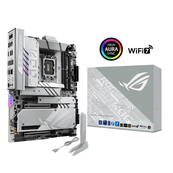 ASUS ROG MAXIMUS Z890 APEX  LGA1851 DDR5 Motherboard, 2x DIMM slots, max.128GB, DDR5 up to 9600+ MT/s (OC),  6x M.2 slots and 4 x SATA 6Gb/s, Wi-Fi 7, BT v5.4, White | 90MB1IP0-M0EAY0 – Buy Online