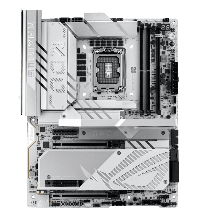 Asus ASUS ROG MAXIMUS Z890 APEX  LGA1851 DDR5 Motherboard, 2x DIMM slots, max.128GB, DDR5 up to 9600+ MT/s (OC),  6x M.2 slots and 4 x SATA 6Gb/s, Wi-Fi 7, BT v5.4, White | 90MB1IP0-M0EAY0 - product view 2 of 8