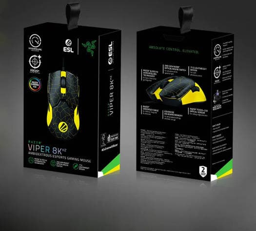 Razer Viper 8K Hz ESL Edition Wired Gaming Mouse, Ambidextrous Esports, With 8000Hz Polling Rate, Chroma RGB Lighting, Focus+ 20K DPI Optical Sensor, 8 Prog Buttons, Black/Yellow | RZ01-03580200-R3M1