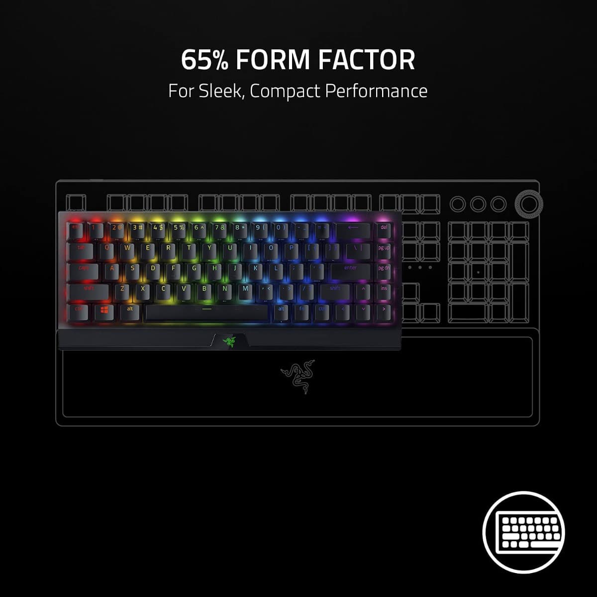 RAZER Razer BlackWidow V3 Mini HyperSpeed Phantom Edition 65% Wireless Mechanical Gaming Keyboard, Yellow Mechanical Switches, RGB Customizable Backlighting, US Layout, Black | RZ03-03891900-R3M1 - product view 2 of 6