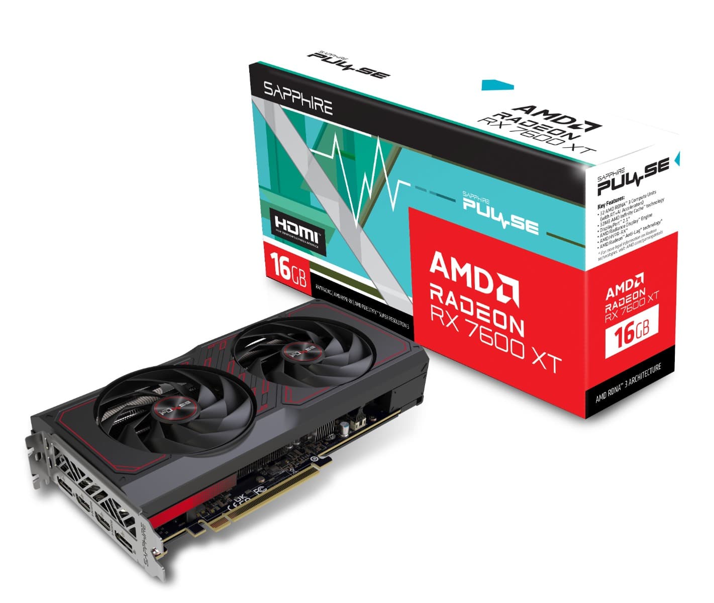 Sapphire Sapphire Pulse AMD Radeon RX 7600 XT Gaming OC 16GB GDDR6 Dual HDMI&DP 128 bit 18 Gbps Graphic card, 32MB Cache,  Boost Clock Up to 2810 MHz, Two-Ball Bearing Fans, Optimized Composite Heatpipe, TriXX Supported TriXX Boost | 11339-04-20G - product view 1 of 7