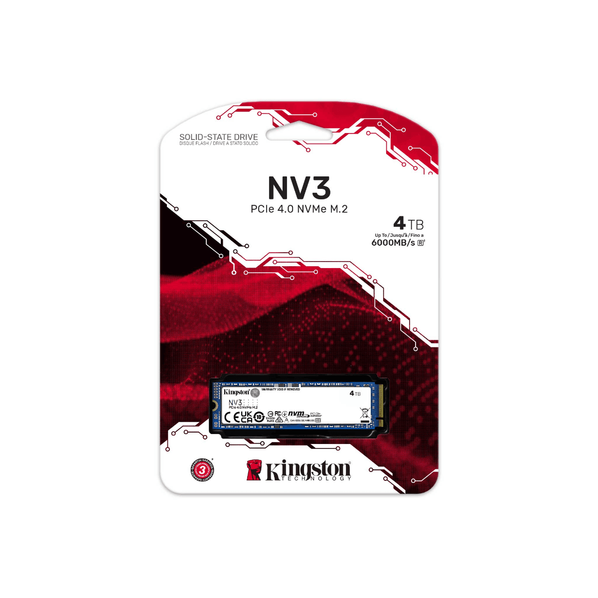 Kingston Kingston NV3 4TB NVMe SSD, M.2 2280 PCIe 4.0 x4 Internal Solid State Drive,  Up to 6,000MB/s read, 4,000MB/s write | SNV3S/4000G - product view 3 of 3