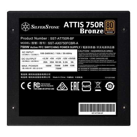 Silverstone SilverStone ATTIS 750R Non-Modular Power Supply, 750W Power, 80 Plus Bronze, Silent 120mm Fan, Active PFC, Multi-Protection, ATX Form Factor, Japanese Primary Capacitor, Black | SST-AT750R-BF - product view 3 of 7