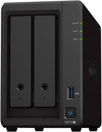 Synology Synology DiskStation DS723+ 2-Bay NAS, 2.6GHz AMD Ryzen R1600 Dual-Core, 2GB DDR4 RAM, 2x 3.5/2.5" Bays | 2 x M.2 2280 Slots, 1x USB-A 3.2, 1x eSATA, 2x Gigabit Ethernet, Black | DS723+ - product view 1 of 6