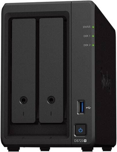 Synology DiskStation DS723+ 2-Bay NAS, 2.6GHz AMD Ryzen R1600 Dual-Core, 2GB DDR4 RAM, 2x 3.5/2.5" Bays | 2 x M.2 2280 Slots, 1x USB-A 3.2, 1x eSATA, 2x Gigabit Ethernet, Black | DS723+
