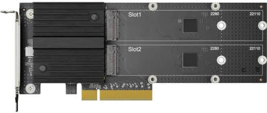 Synology Synology M2D20 M.2 SSD Adapter Card, Dual M.2 2280/22110 Slots, PCIe 3.0 x8 Host Bus Interface, Low Profile and Full Bracket, Create an SSD Cache via PCIe, Black | M2D20 - product view 3 of 5
