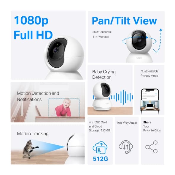 tp-link tp-link Tapo Pan/Tilt Home Security Wi-Fi Camera, 1080p high-definition video, Night Vision, built-in microphone and speaker, microSD cards up to 512GB, Privacy Mode, Voice Control, Secure Encryption, Easy Setup and Management | Tapo C200 V3.20 - product view 2 of 6