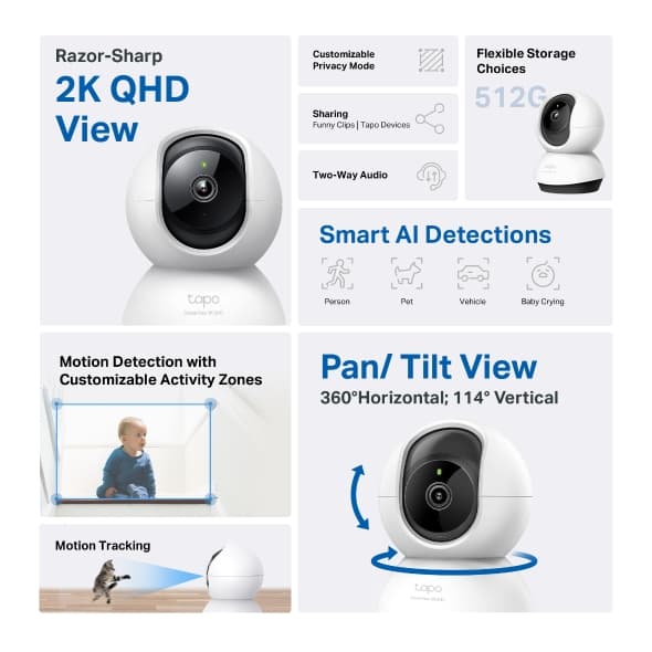 tp-link tp-link Tapo Pan/Tilt AI Home Security Wi-Fi Camera, 2K 4MP QHD, Wide Range of Movement, Enhanced Night Vision, Smart AI Detection and Notifications, Sound and Light Alarm, built-in microphone and speaker, up to 512 GB, Hands-Free Operation | Tapo C220 V1 - product view 2 of 8