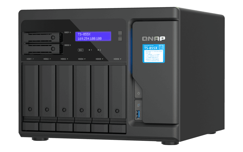 QNAP QNAP TS-855X-8G 8-BAY NAS, Intel Atom C5125 8-core processor, 2.8GHz, 4 x U-DIMM DDR4, upto 128 GB (4 x 32 GB), 64-bit x86, 4 x U-DIMM DDR4 Support ECC memory |  TS-855X-8G - product view 3 of 5
