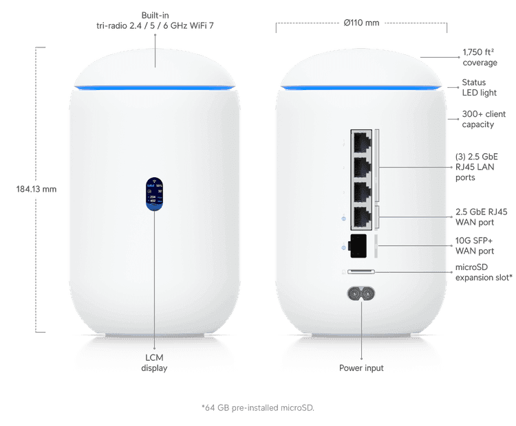 Ubiquiti Unifi Dream Router 7 Desktop 10G Cloud Gateway, Integrated WiFi 7, PoE switch, MicroSD storage, Full UniFi application support |  UDR7 (15W) - product view 2 of 3