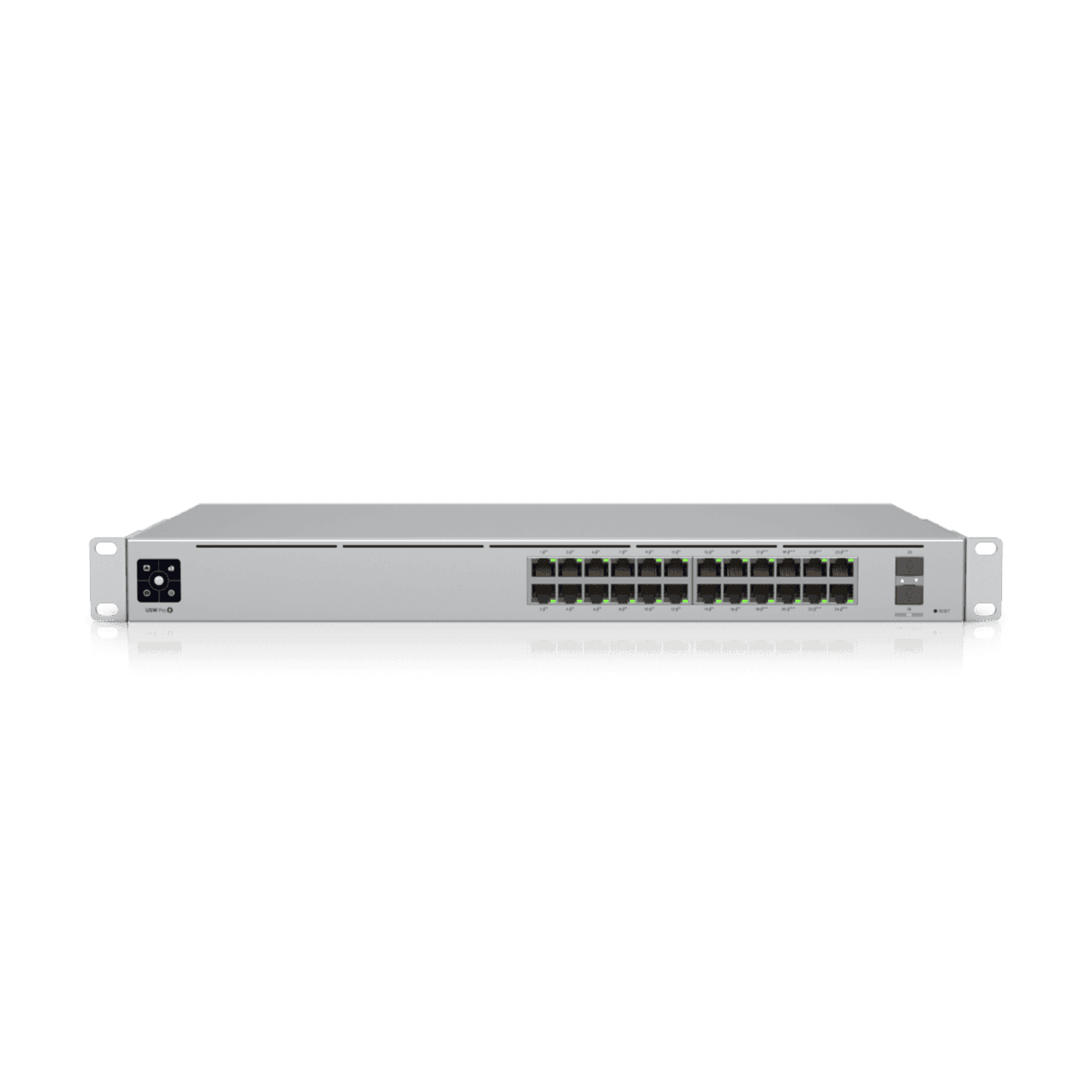 Ubiquiti Unifi  USW-Pro-24-PoE  A 24-port, Layer 3 switch capable of high-power PoE++ output, (16) GbE PoE+, (8) GbE PoE++ ports, (2) 10G SFP+ ports, 400W total PoE availability, DC power backup-ready, Layer 3 switching, Near-silent cooling - product view 2 of 3