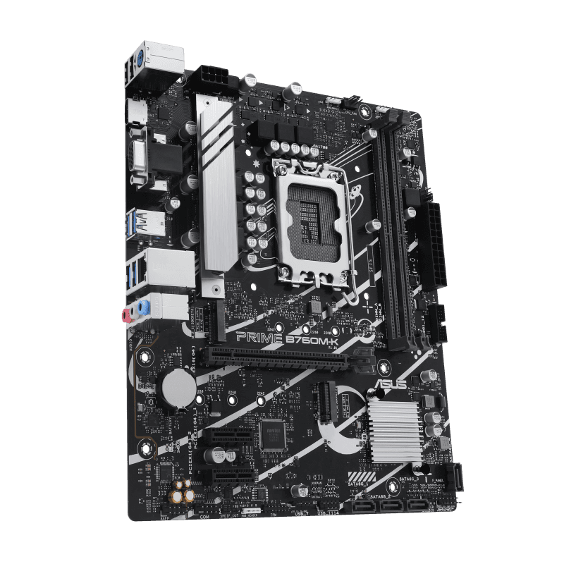 Asus ASUS Prime B760M-K  Intel B760 LGA 1700 mATX motherboard with PCIe 4.0, 2x PCIe 4.0 M.2 slots, DDR5, Realtek 2.5Gb Ethernet, VGA, HDMI, SATA 6 Gbps, front USB 3.2 Gen 1, Aura Sync | 90MB1FI0-M0EAY0 - product view 2 of 7