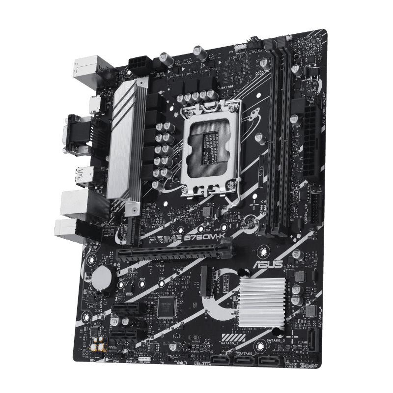 Asus ASUS Prime B760M-K  Intel B760 LGA 1700 mATX motherboard with PCIe 4.0, 2x PCIe 4.0 M.2 slots, DDR5, Realtek 2.5Gb Ethernet, VGA, HDMI, SATA 6 Gbps, front USB 3.2 Gen 1, Aura Sync | 90MB1FI0-M0EAY0 - product view 3 of 7